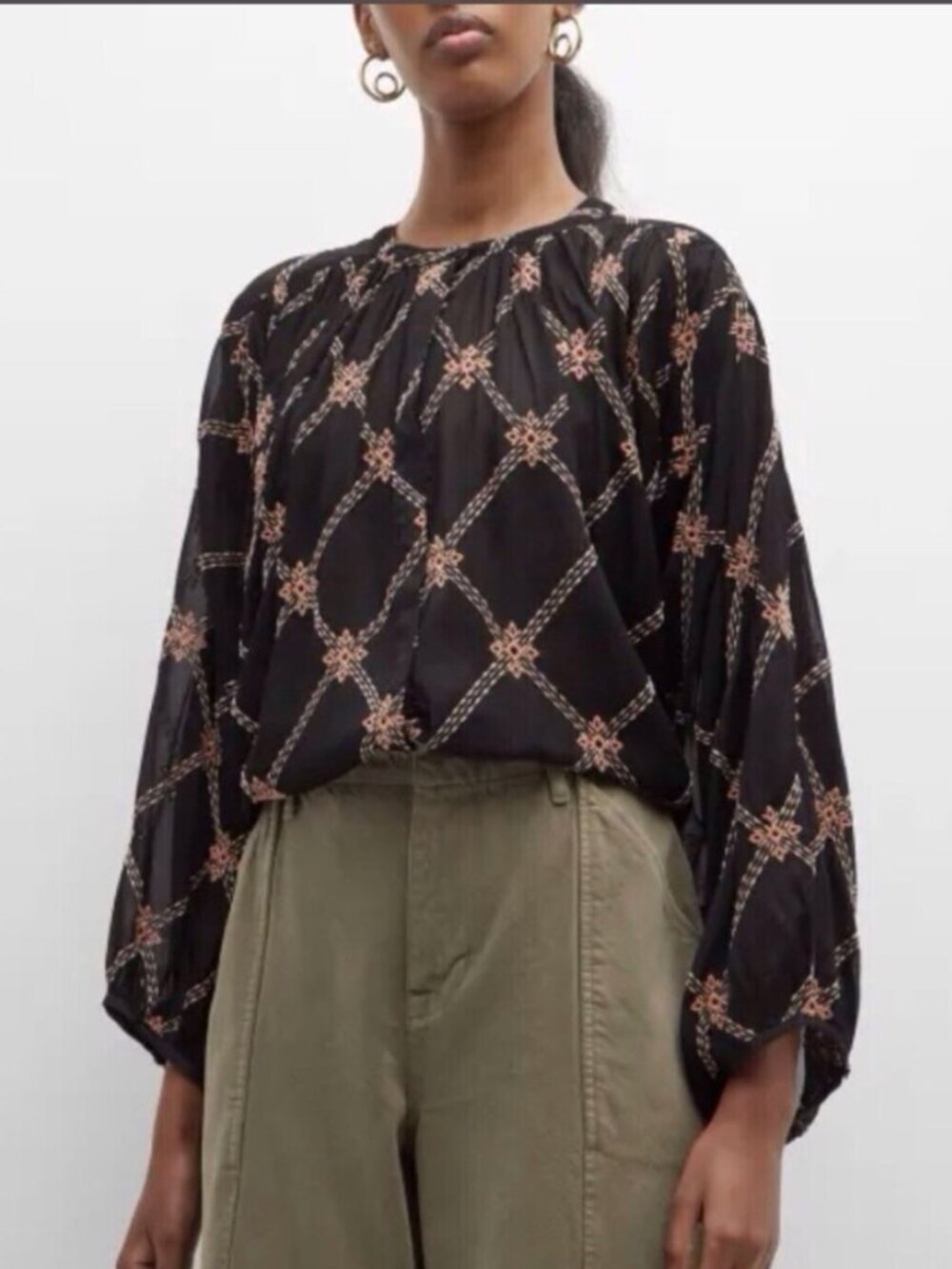 Johnny Was Iman Sheer Bat Wing Embroidered Black Button Down Blouse Size Medium